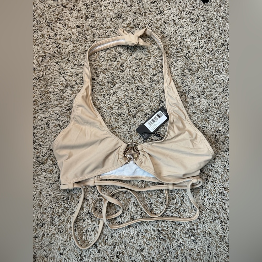 Beige Halter Bikini Top with Shell Detail
